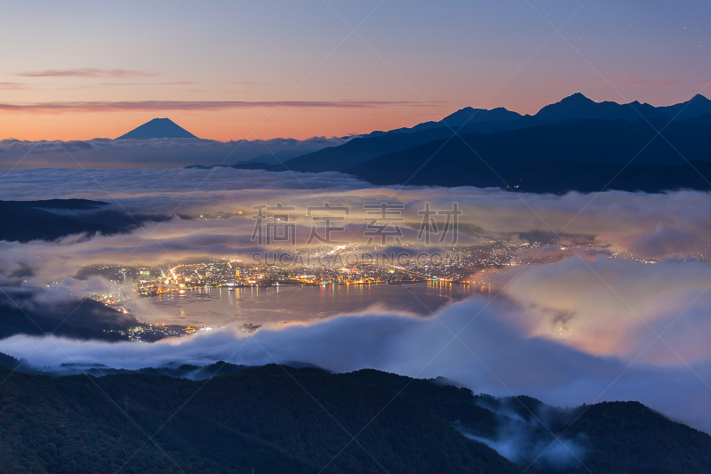 山,富士山,自然,水平画幅,长野县,无人,日本,早晨,户外,湖