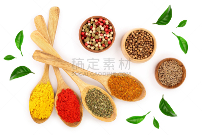 香料,多样,分离着色,木匙,平铺,白色背景,辣椒粉,孜然,咖喱粉,研磨食品