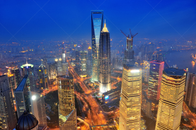 上海,黄昏,航拍视角,水平画幅,建筑,无人,蓝色,全景,城市天际线,户外