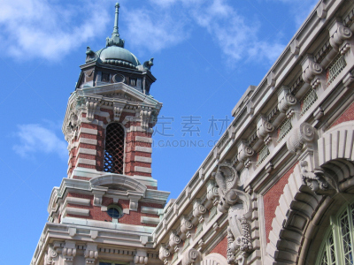 埃利斯岛,塔,水平画幅,蓝色,纽约州,人造,建筑外部,户外,建筑结构