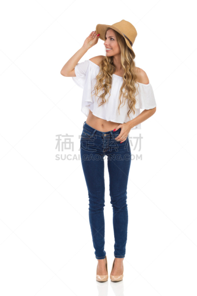 夏天,女人,帽子,草帽,整齐的,垂直画幅,正面视角,美,美人,高跟鞋