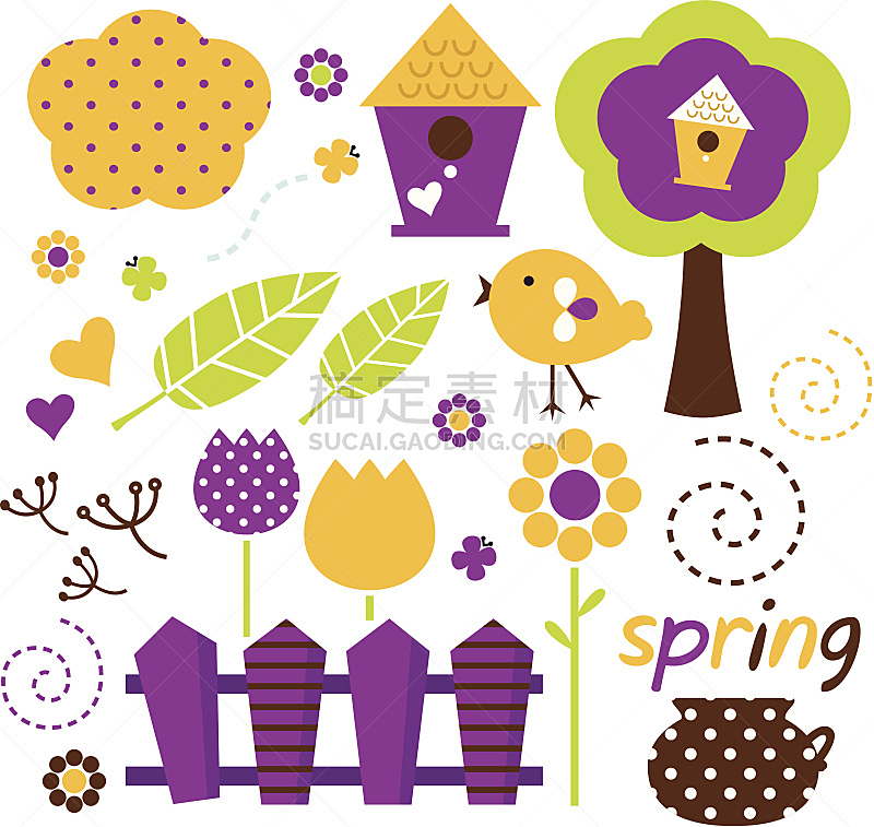 矢量,可爱的,春天,分离着色,40-80年代风格复兴,园林,白色,绘画插图,美,褐色