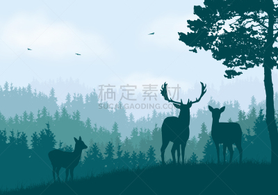 母鹿,鹿,矢量,山,天空,绘画插图,绿色,地形,森林,在下面
