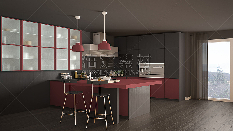 镶花地板,现代,灰色,红色,厨房,室内设计师,简单,极简构图,电扇,水槽