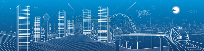 火车,全景,城市,城市天际线,桥式,技术,云,电力线,商业金融和工业,想法