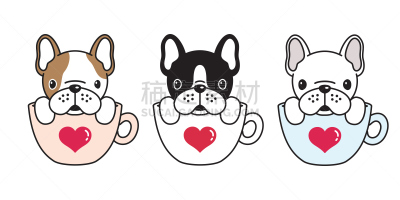 绘画插图,卡通,法国斗牛犬,狗,矢量,巴哥犬,品牌名称,心型,计算机图标,咖啡杯