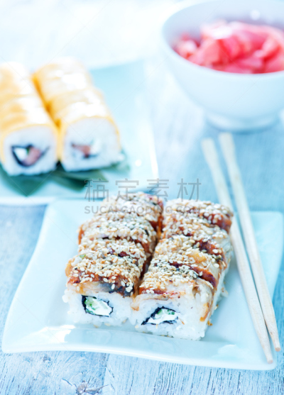 寿司,清新,餐具,垂直画幅,膳食,海产,明虾,生姜,大豆,草