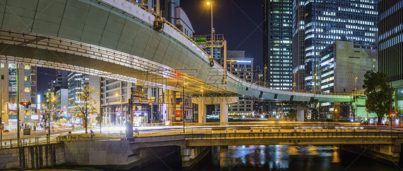 大阪府,未来,夜晚,都市风景,日本,公路,霓虹灯,中之岛,大阪市淀川,北库