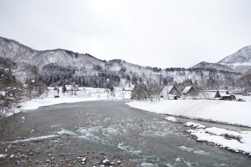 冬天,日本,白川乡,大井町,五箇山,水,天空,里山,水平画幅,山