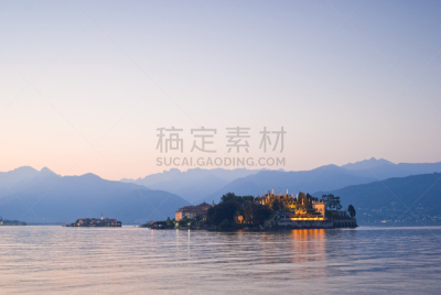 博罗梅安岛,水,天空,水平画幅,别墅,无人,海港,曙暮光,夏天,户外
