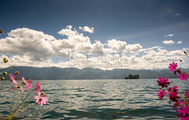 风景,泸沽湖,水,天空,水平画幅,云,无人,户外,湖,山