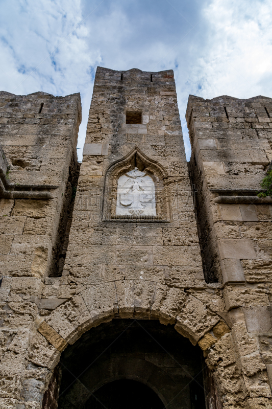 Gate d’Amboise in Rhodes, grand gate below the Palace of the Grand Master, Rhodes island, Greece