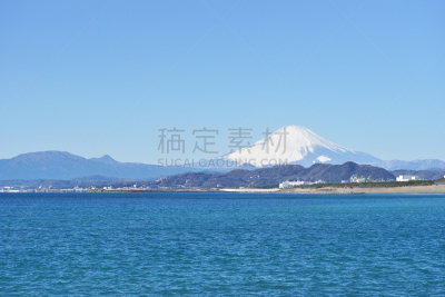 富士山,茅奇海滩,海滩,旅游目的地,水平画幅,雪,无人,相模湾,日本,户外