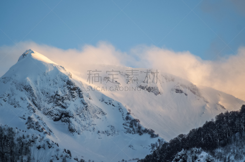 Panoramic view the mountains of ski resort Krasnaya Polyana, Sochi, Russia.