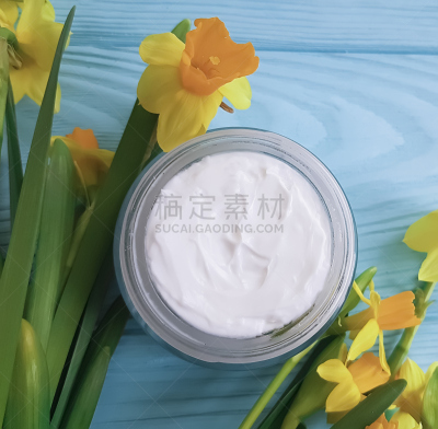 化妆用品,水仙花,木制,蓝色,背景,米色,健康保健,广口瓶,春天,乡村风格