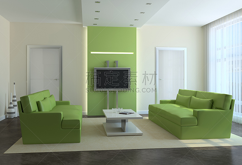 现代,起居室,住宅房间,座位,水平画幅,绿色,无人,装饰物,家具,公寓