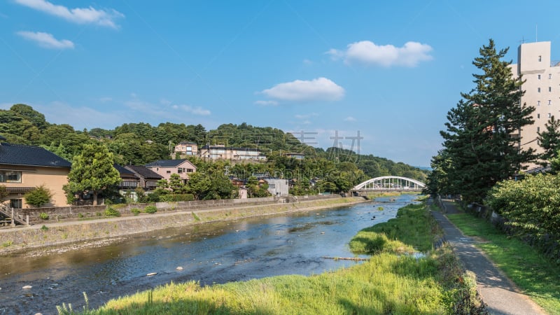 浅野河,金泽,风景,城市,东茶屋町区,打水仗游戏,石川县,拱桥,木板路,城镇景观