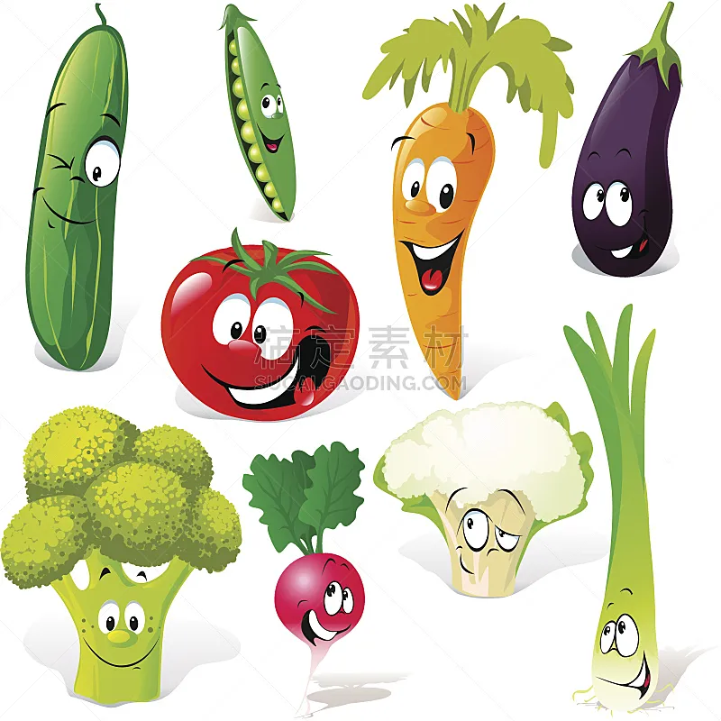 蔬菜 卡通 背景分离 从容态度 西兰花 花椰菜 豌豆 西红柿 葱 胡萝卜图片素材下载 稿定素材