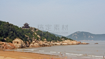 海滩,寺庙,黄海,东海,水平画幅,山,无人,户外,宝塔