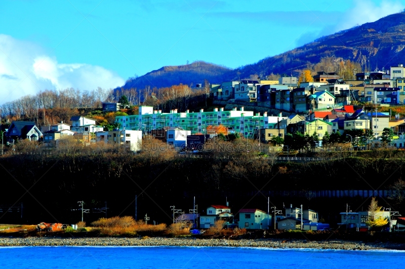 秋天,地形,北海道,小樽,东,海滩,度假胜地,黄色,红色,黄昏