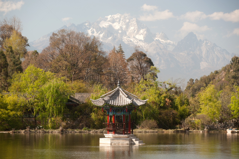 云南省,丽江,黑龙潭公园,水,美,公园,古董,水平画幅,山,雪