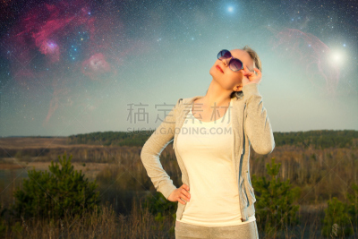 星系,女孩,水平画幅,夜晚,艺术品,友谊,旅伴,巨大的,夏天,屋顶