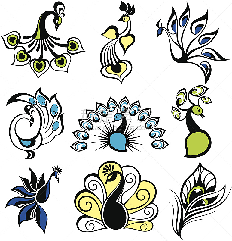 孔雀,鸟类,孔雀羽毛,野生动物,动物,家禽,尾巴,背景,绘画插图,剪影