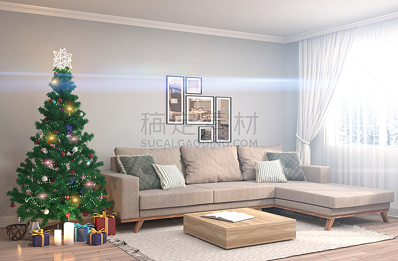 圣诞树,起居室,绘画插图,窗户,幸福,水平画幅,房屋,俄罗斯,沙发