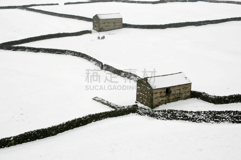 雪,约克郡谷地,英格兰,谷仓,石墙,水平画幅,地形,贫瘠的,无人,户外