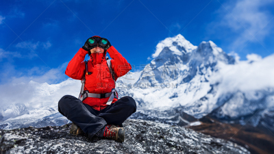 双筒望远镜,旅行者,女性,阿马达布朗峰,珠穆朗玛峰,旅途,色彩鲜艳,户外,晴朗,仅女人