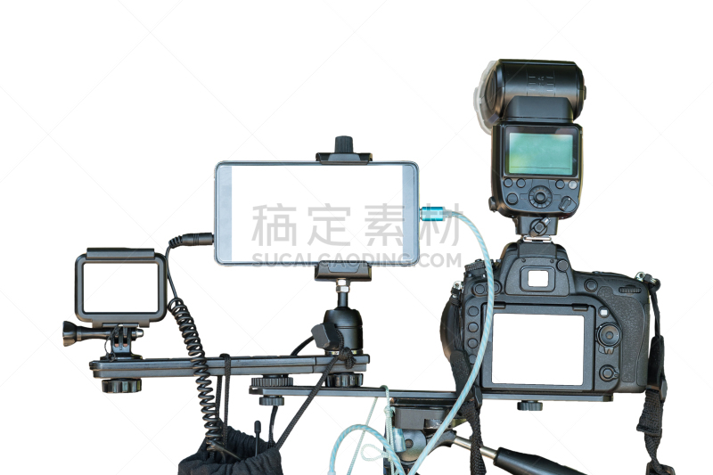 专门技术,背景分离,设备用品,摄影师,三脚架,手机,舞台,相机,数码相机,白色背景