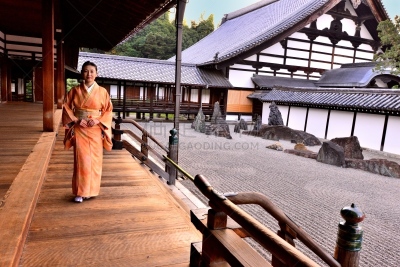 日本人,京都市,东福寺,和服,女人,禅宗,灵感,水平画幅,沙子,户外