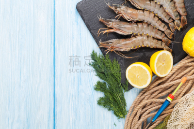 生食,清新,精制虎虾,钓具,黑色虎虾,鱼漂,食用大虾,鱼网,留白,水平画幅