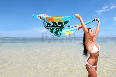 女人,蓝湖,纱笼,美,风,水平画幅,提举,美人,户外,海滩