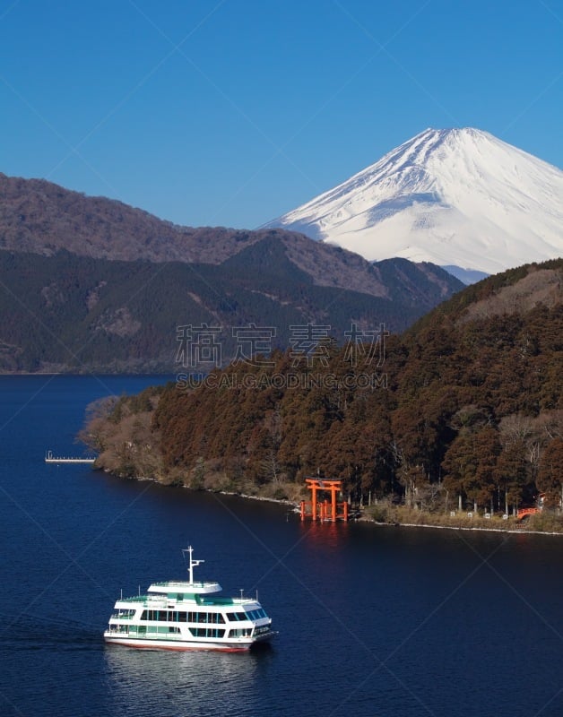 箱根园,富士山,湖,山,箱根湿地植物园,鸟居,富士箱根伊豆国立公园,垂直画幅,雪,无人