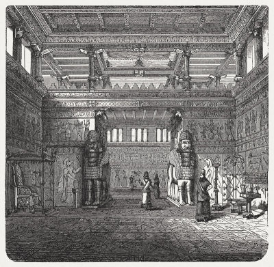 Interior of an Assyrian Royal palace, wood engraving, published 1880