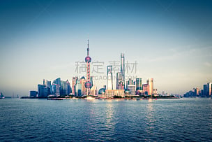 全景,上海,黄浦江,东方明珠塔,高大的,外滩,外立面,摩天大楼,经济,金融和经济