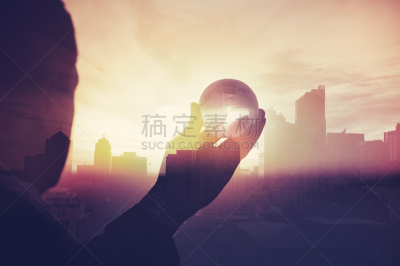 蒙太奇,男商人,都市风景,套装,水晶球,了如指掌,前进的道路,全球商务,决心