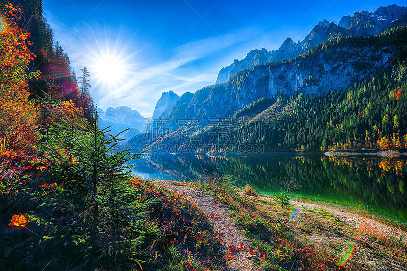 湖,达特施泰因山脉,透明,秋天,风景,山,水晶,顶部,奥地利,雪