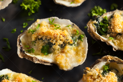 洛克菲勒牡蛎,奶油,自制的,面包屑,碎屑,餐具,格子烤肉,奶制品,水平画幅,软体动物