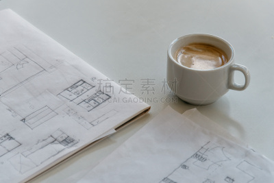 书桌,建筑师,咖啡杯,专科学校,蓝图,普通住宅区,办公室,水平画幅,工作场所,无人