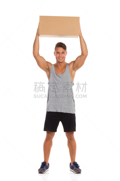 拿着,盒子,男人,在上面,人的头部,活力,背景分离,纸盒,仅男人,一个人
