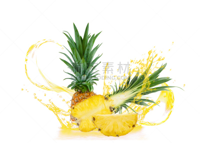 水果,切片食物,完整,菠萝,白色背景,特写,菠萝汁,一半的,分离着色,溅