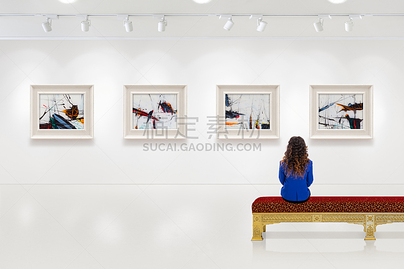画廊,平衡折角灯,青年女人,美术绘画,艺术,相框,墙,透过其它物体观看,室内