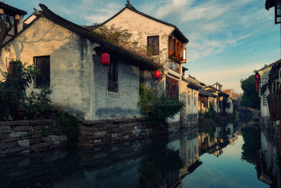 周庄,山东省,运河,苏州,东,迷人,乡村,水,天空,水平画幅