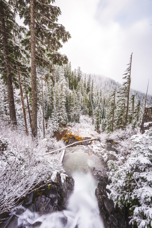 雪,风景,南都瀑布,白昼,皮尔斯县,雷尼尔雪山,垂直画幅,瀑布,无人,蓝色