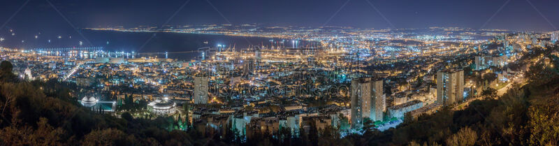 夜晚,海港,都市风景,海法,市区,海湾,水,天空,水平画幅,山