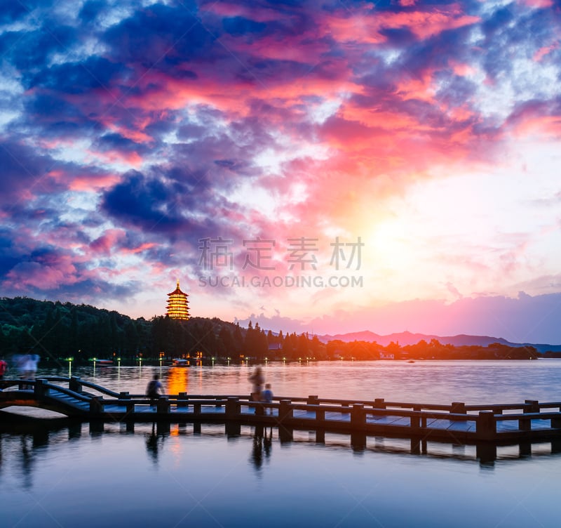 西湖,杭州,风景,自然美,雷峰宝塔,水,天空,美,水平画幅,日落