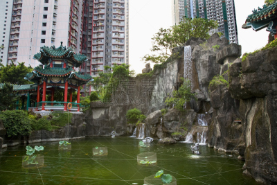黄大仙祠,九龙,建筑外部,水景花园,亭台楼阁,水,公园,水平画幅,瀑布,无人