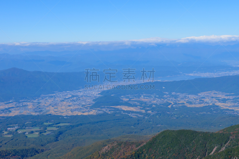 巴岳山,长野县,日本,诹访,摄像机拍摄角度,城市,美,水平画幅,高视角,甲斐驹岳山